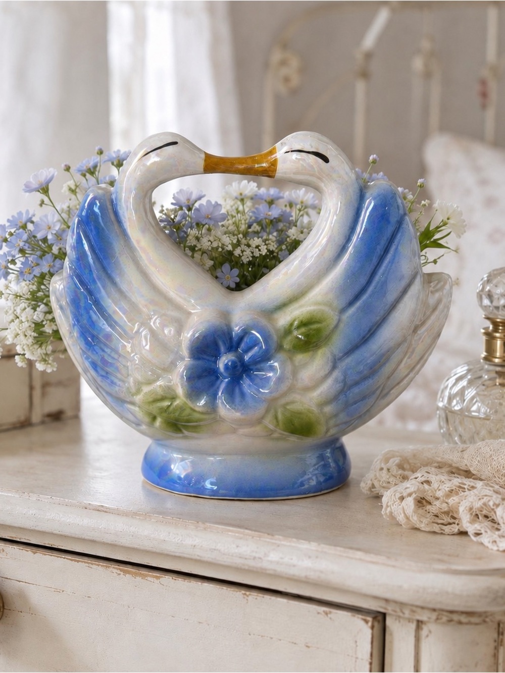 Vintage Ceramic Swan Planter Vase Blue Floral Pearl Glaze Cottage Decor